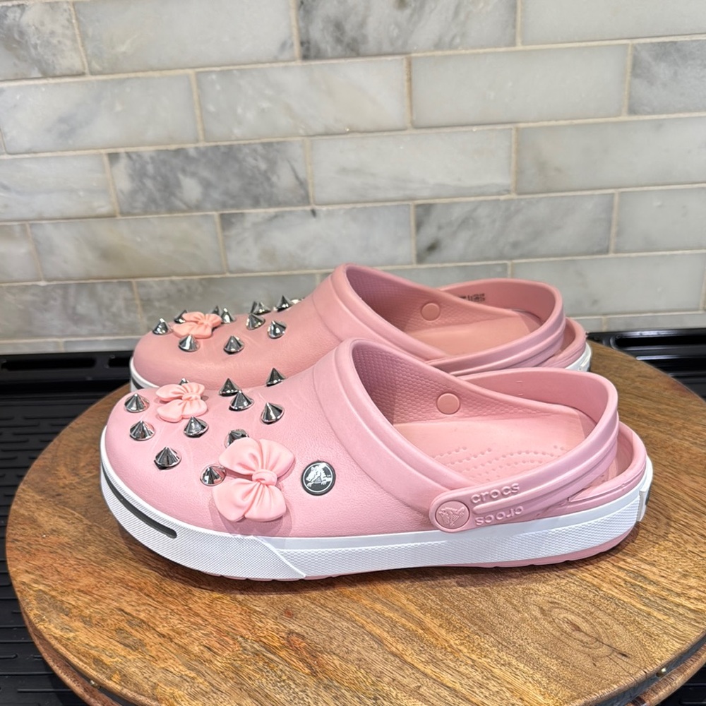 CROCS Pink Slip-On Clog Mules with Studs, Bows and Snoopy Charms